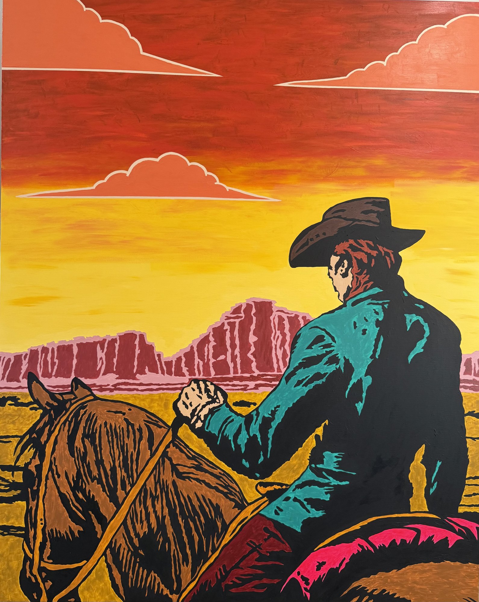 Rider at Sunset — western & Sedona pop art painting by Dania, Lone cowboy against a blazing desert sky.